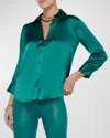 L Agence Dani Silk Satin 3/4-sleeve Button-down Blouse In Ocean Teal