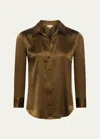 L Agence Dani Silk Satin 3/4-sleeve Button-down Blouse In Pine