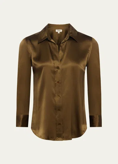 L Agence Dani Silk Satin 3/4-sleeve Button-down Blouse In Pine