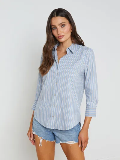 L Agence Daniella Cotton-blend Blouse In Light Blue/tan Stripe