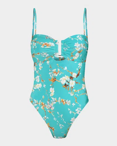 L Agence Emelia Cherry Bandeau One-piece Swimsuit In Aqua