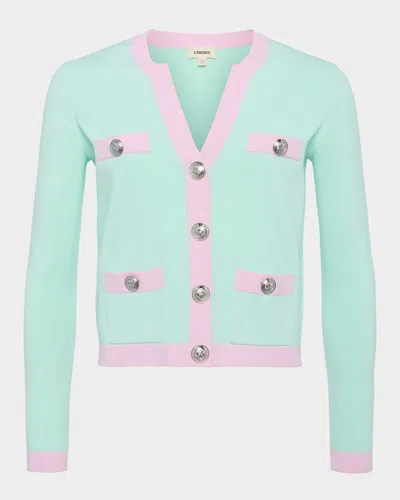 L Agence Estefania Contrast Trim Cardigan In Pale Jadepink