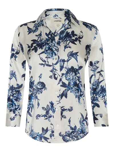 L Agence Floral Three-quarter Sleeve Shirt In White