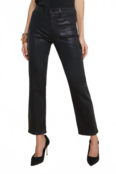 L AGENCE GINNY HIGH RISE STRAIGHT BACK ZIP JEANS IN NOIR COATED