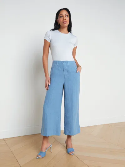L Agence Henderson Linen Cropped Pant In Blue Mist