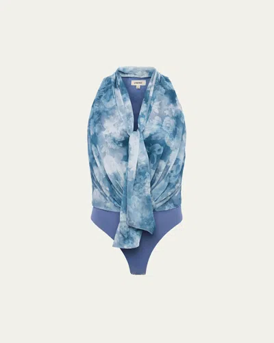 L Agence Ichirou Neck Tie Bodysuit In Dsty Bl Mlti Cloud Soft Floral