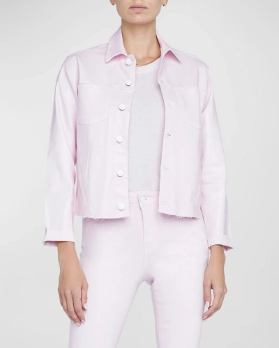 L Agence Janelle Slim Raw Denim Jacket In Lilac Snowwht Con