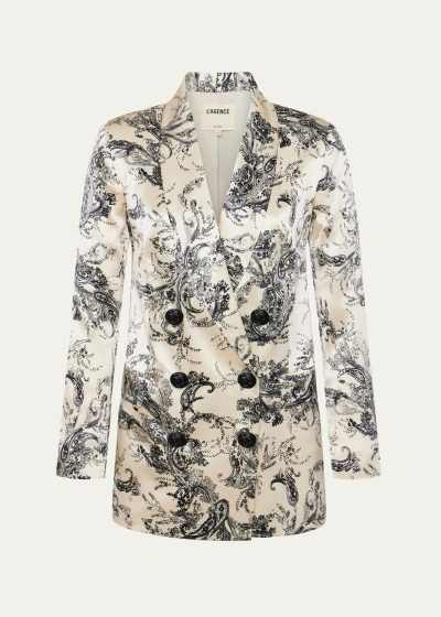 L Agence Jayda Relaxed Double-breasted Silk Blazer In Ecru/black Sketch Paisley