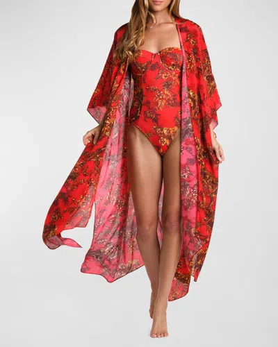 L Agence Kara Red Jungle Maxi Kimono Coverup