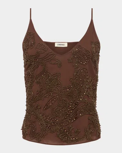 L Agence Kass Embellished V-neck Cami In Brown