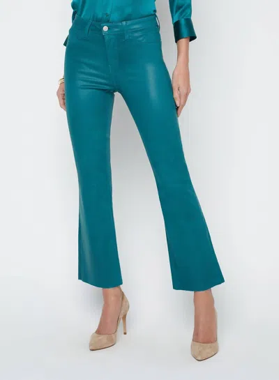 L Agence Kendra High Rise Crop Flare Jean In Dark Teal Coated In Green