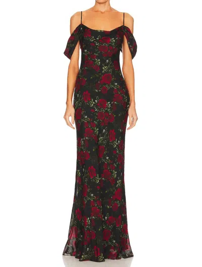 L Agence Kenna Cowl Neck Dress In Black & Red Rose