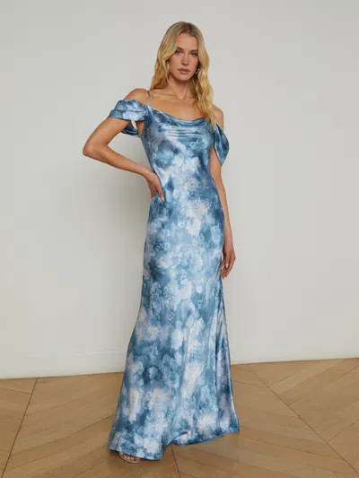 L Agence Kenna Silk Dress In Dusty Blue Multi Cloud Soft Floral