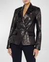 Shop L Agence Kenzie Croc-embossed Faux Leather Double-breasted Blazer In Black