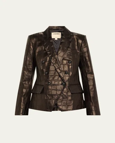 L Agence Kenzie Croc-embossed Faux Leather Double-breasted Blazer In Black