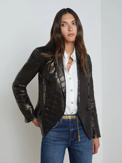 L Agence Kenzie Leather Blazer In Black Croc