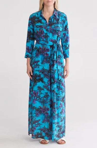 L Agence L'agence Cameron Long Sleeve Silk Maxi Shirtdress In Blue Multi Jungle Toile