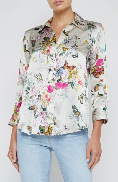 L Agence L'agence Dani Butterfly Print Silk Button-up Shirt