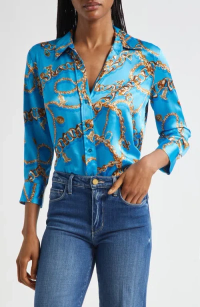L Agence L'agence Dani Chain Print Three-quarter Sleeve Silk Button-up Shirt