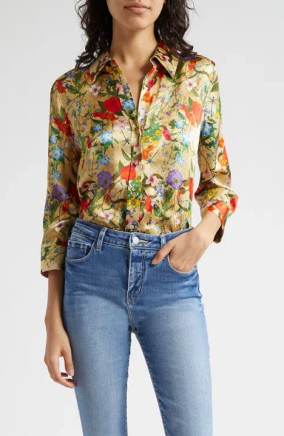 L Agence L'agence Dani Floral Print Silk Button-up Shirt In Yellow Multi Vintage Botanical