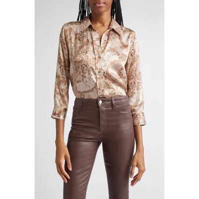 L'AGENCE L'AGENCE DANI LACE PRINT THREE-QUARTER SLEEVE SILK BUTTON-UP SHIRT