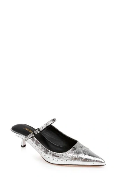 L Agence L'agence Elle Wingtip Pointed Toe Mary Jane Kitten Heel Mule In Silver Leather