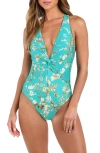 L'agence Hadley Twist Plunge One Piece Swimsuit In Aqua In Aqua