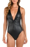 L Agence Luxe Leather Hadley Twist Plunge One-piece Swimsuit In Black