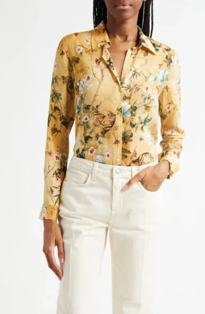 L Agence L'agence Holly Floral Button-up Shirt In Gold Multi Watercolor Tiger