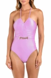 L Agence L'agence Leila Shimmer Halter One Piece Swimsuit In Light Violet