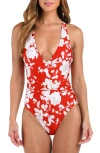 L Agence L'agence Lisa Ikebana Belted Floral One-piece Swimsuit In Rouge