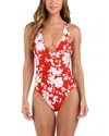 L Agence L'agence Lisa Ikebana Belted Floral One-piece Swimsuit In Rouge