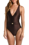 L Agence Lisa Shimmer Plunge One-piece Swimsuit In Chocolate
