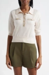 L Agence Masaki Short Sleeve Collared Sweater In Parchment/cappuccino Gold