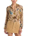 L'agence Nina Chain Print Silk Button-up Shirt In Brown