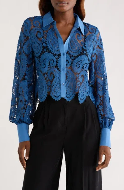 L Agence L'agence Odelia Lace Crop Button-up Shirt In Blue