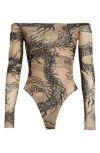 L Agence Peonie Off-the-shoulder Bodysuit In Beige/black Dragon Tattoo