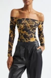 L Agence Peonie Off-the-shoulder Bodysuit In Black/gold Barocco Swirl