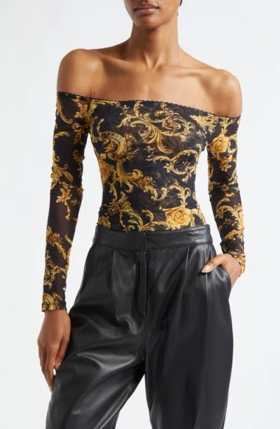 L Agence Peonie Off-the-shoulder Bodysuit In Black/gold Barocco Swirl