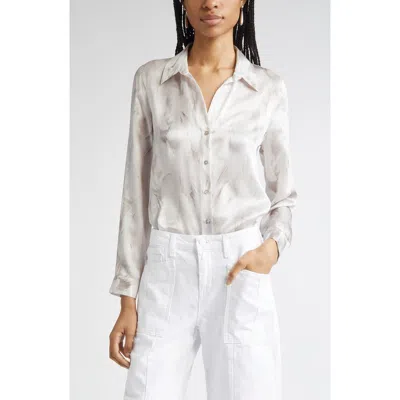 L Agence L'agence Tyler Feather Print Silk Button-up Shirt