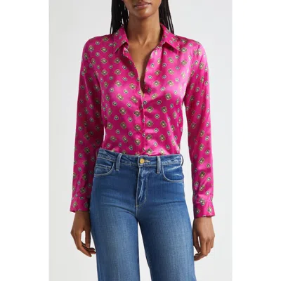 L AGENCE L'AGENCE TYLER GEOMETRIC TURQUOISE PRINT SILK BUTTON-UP SHIRT
