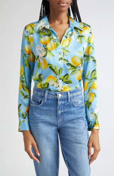 L Agence L'agence Tyler Lemon Print Silk Button-up Shirt