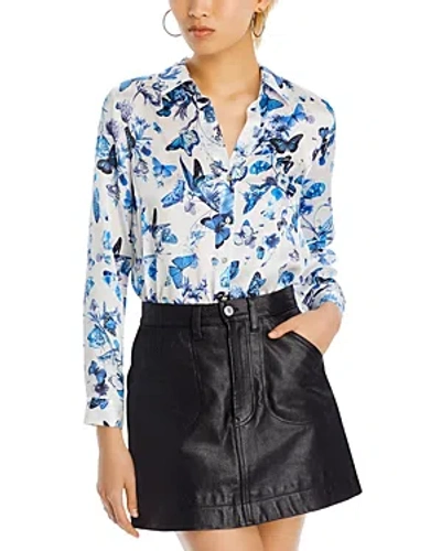 L Agence L'agence Tyler Floral Butterfly Print Silk Button-up Shirt In White/blue Butterfly