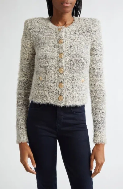 L Agence L'agence Una Crop Eyelash Tweed Cardigan In White
