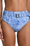 L'agence Vanessa Belted Denim High Waist Bikini Bottoms In Blue