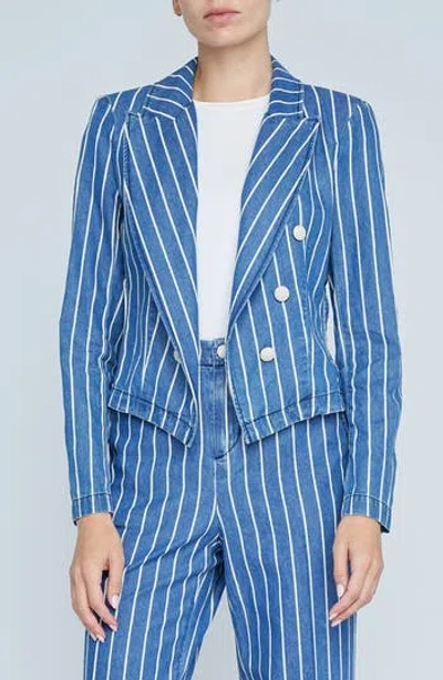 L'agence Wayne Stripe Double Breasted Crop Denim Jacket In Denim Stripe