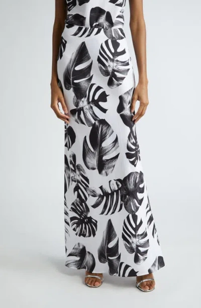 L'agence Zeta Long Skirt In Black And White Plam Print In Black/white Palm Leaves