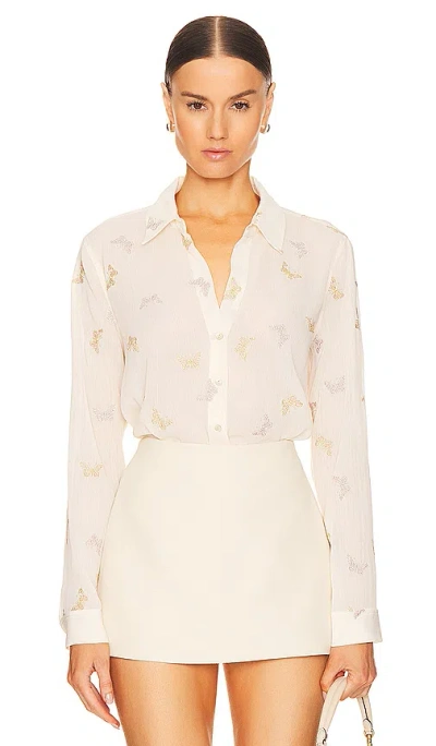 L Agence Laurent Metallic Butterfly Blouse In Ecru Multi Small Butterfly Embroidery