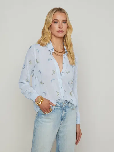 L Agence Laurent Embroidered Blouse In Light Blue Fog Butterfly