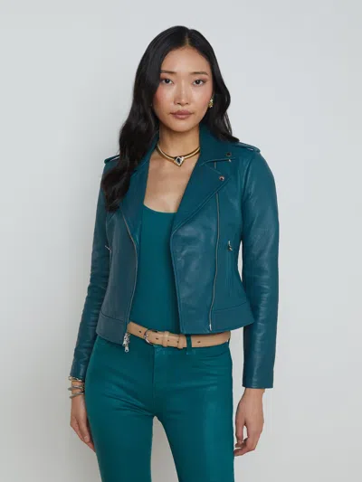L'agence Leather Biker Jacket In Dark Teal